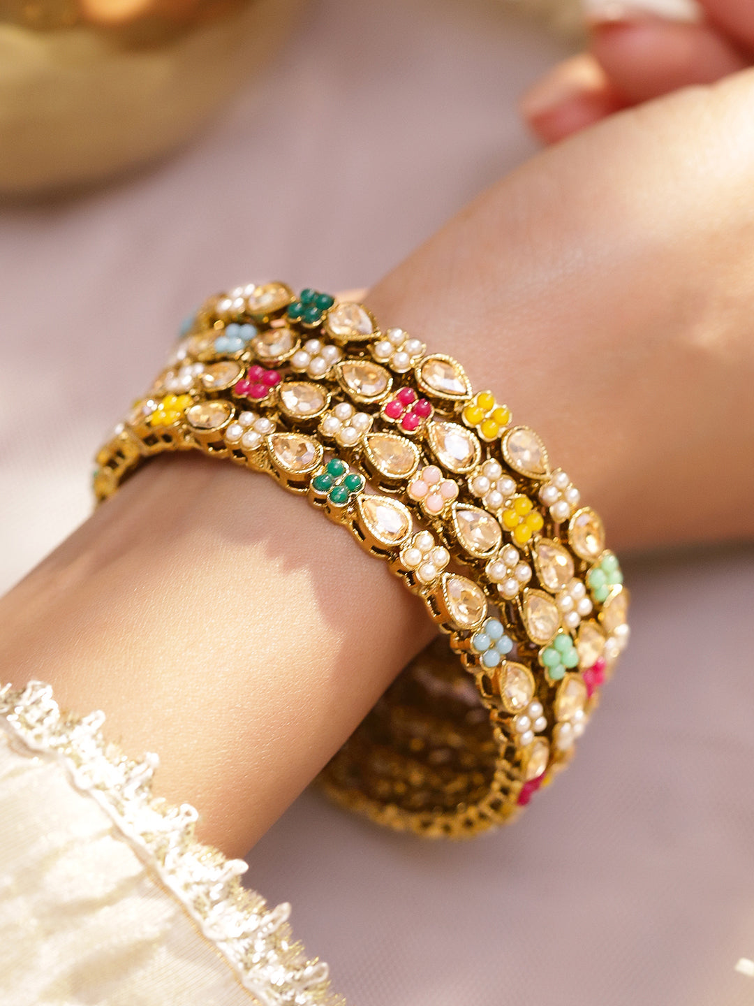 Gold Toned Multicolor Beaded Bangles Set Of 4 2.8 - Large