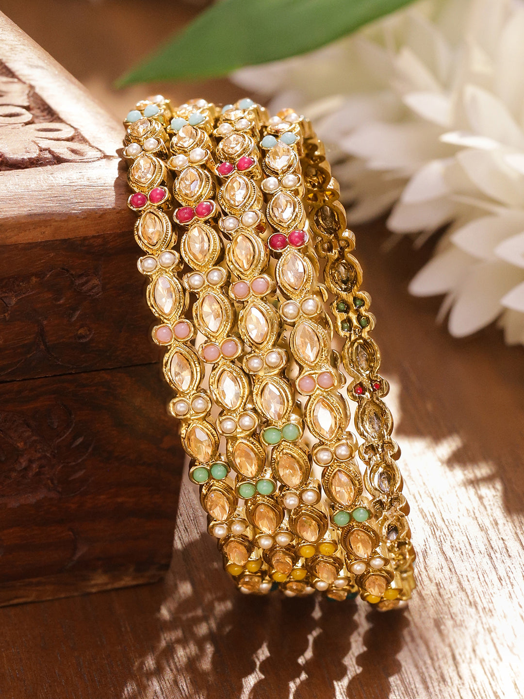 Gold Toned Multicolor Beaded Bangles Set Of 4 2.8 - Large