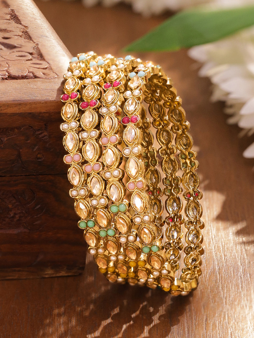 Gold Toned Multicolor Beaded Bangles Set Of 4 2.8 - Large