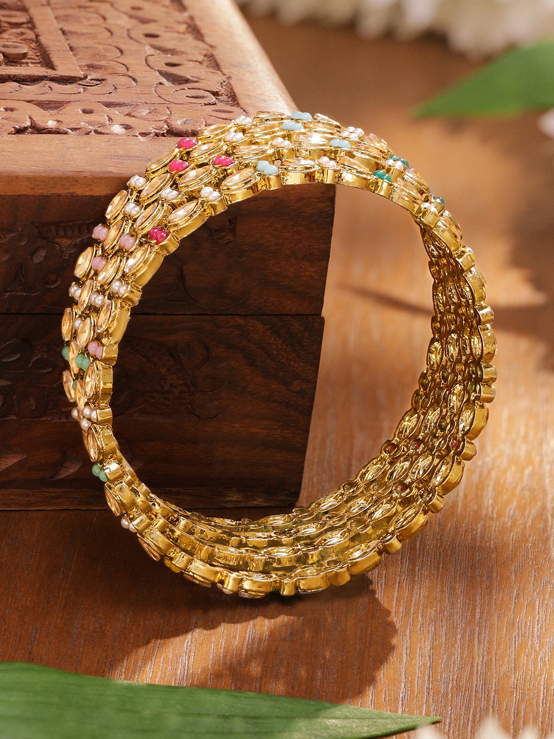 Gold Toned Multicolor Beaded Bangles Set Of 4 2.6 - Medium