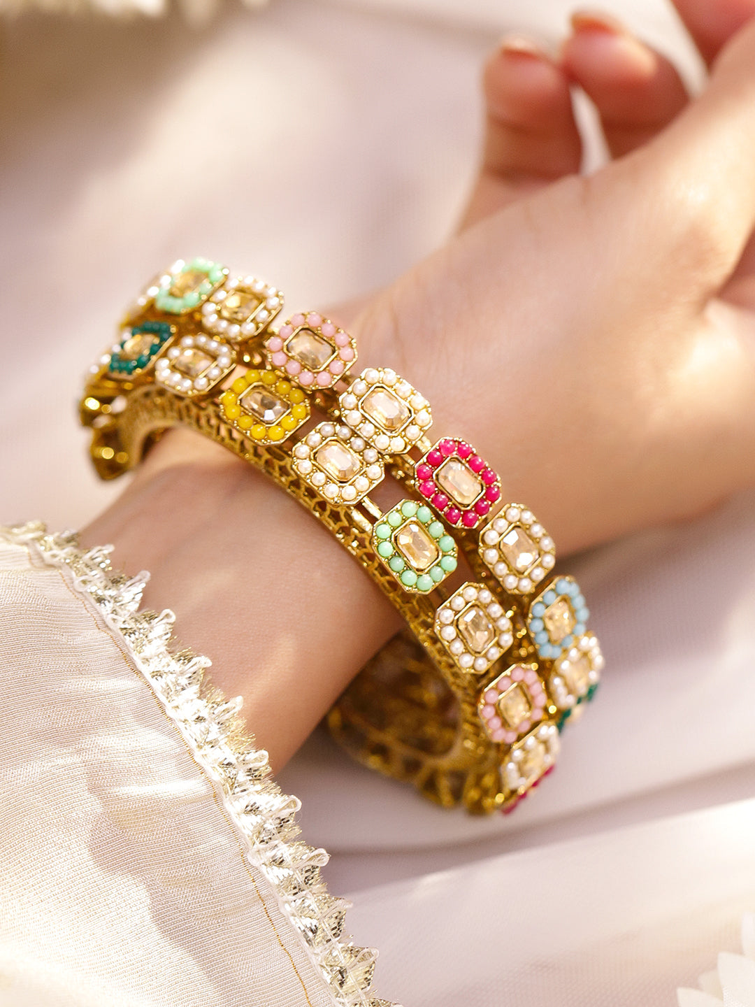 Gold Toned Multicolor Beaded Bangles Set Of 2 2.6 - Medium