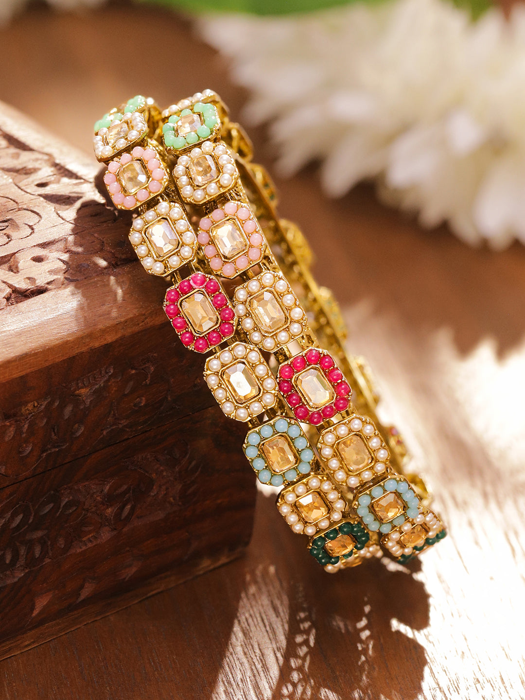 Gold Toned Multicolor Beaded Bangles Set Of 2 2.4 - Small