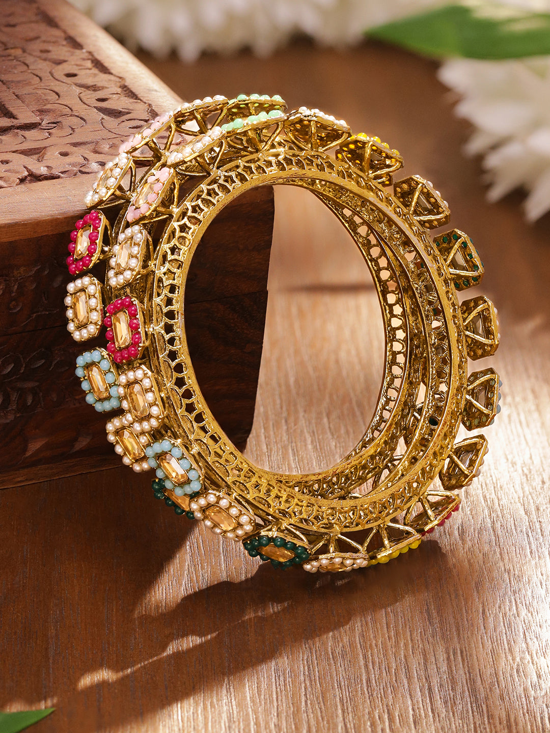 Gold Toned Multicolor Beaded Bangles Set Of 2 2.4 - Small