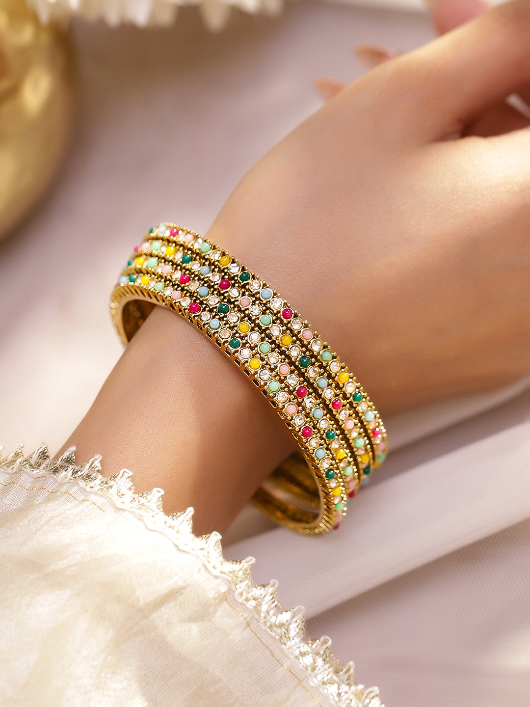 Gold Bangles With Multicolor Beads Set Of 4 2.4 - Small