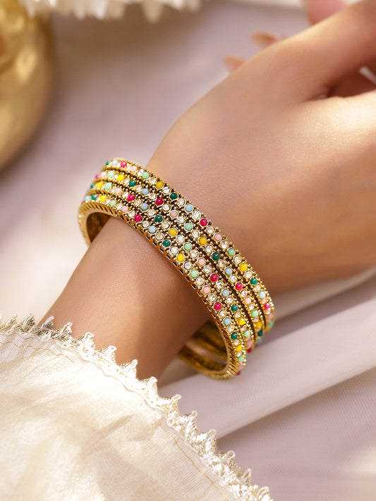 Gold Bangles With Multicolor Beads Set Of 4 2.4 - Small