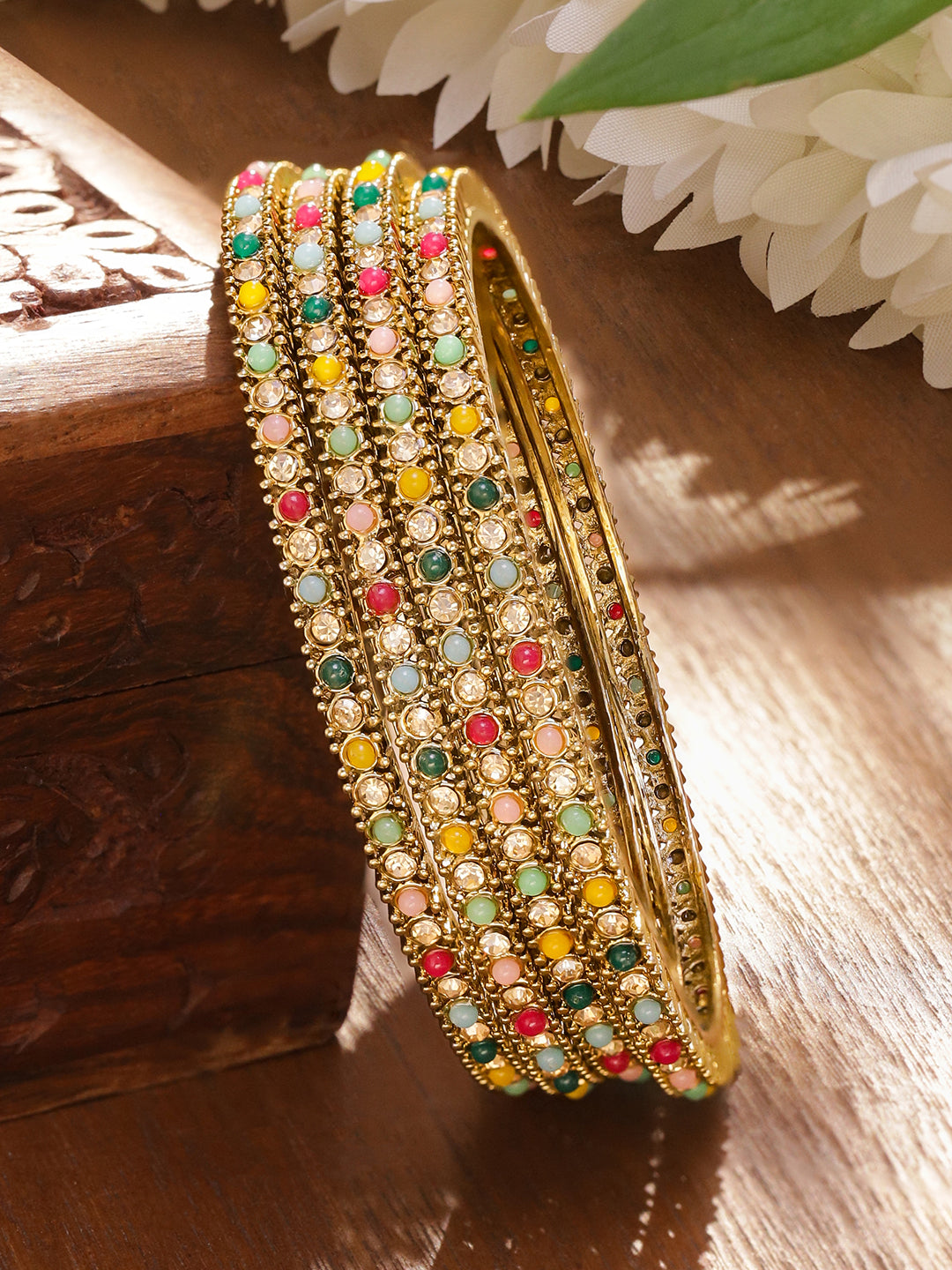 Gold Bangles With Multicolor Beads Set Of 4 2.4 - Small