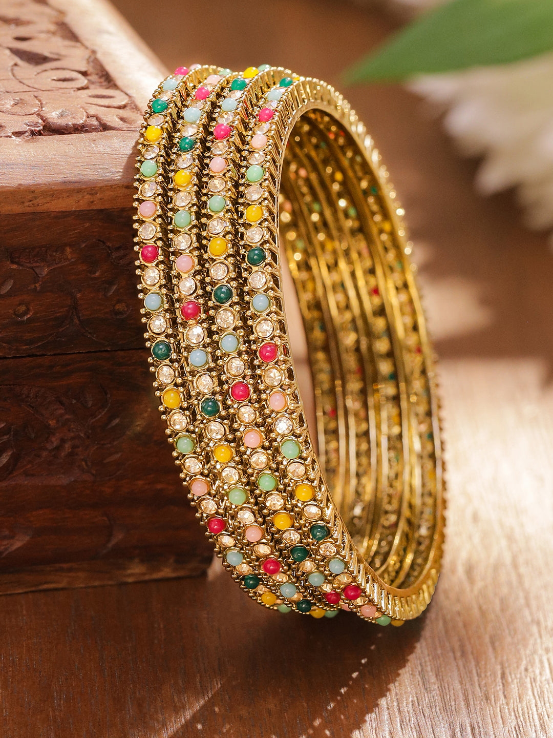 Gold Bangles With Multicolor Beads Set Of 4 2.6 - Medium