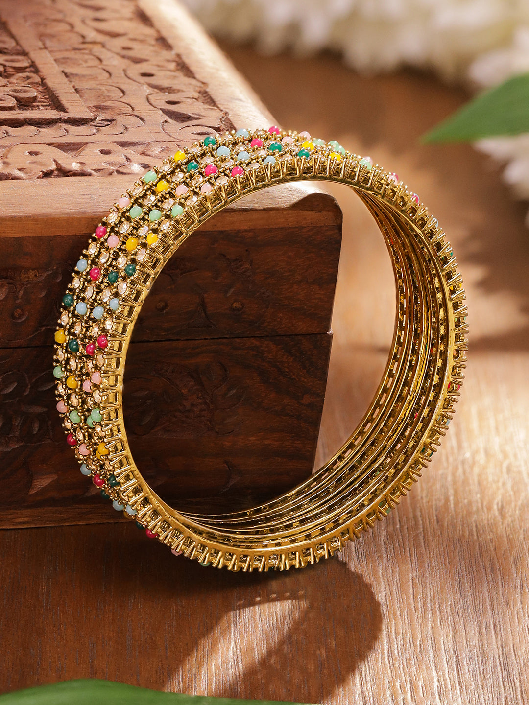 Gold Bangles With Multicolor Beads Set Of 4 2.6 - Medium