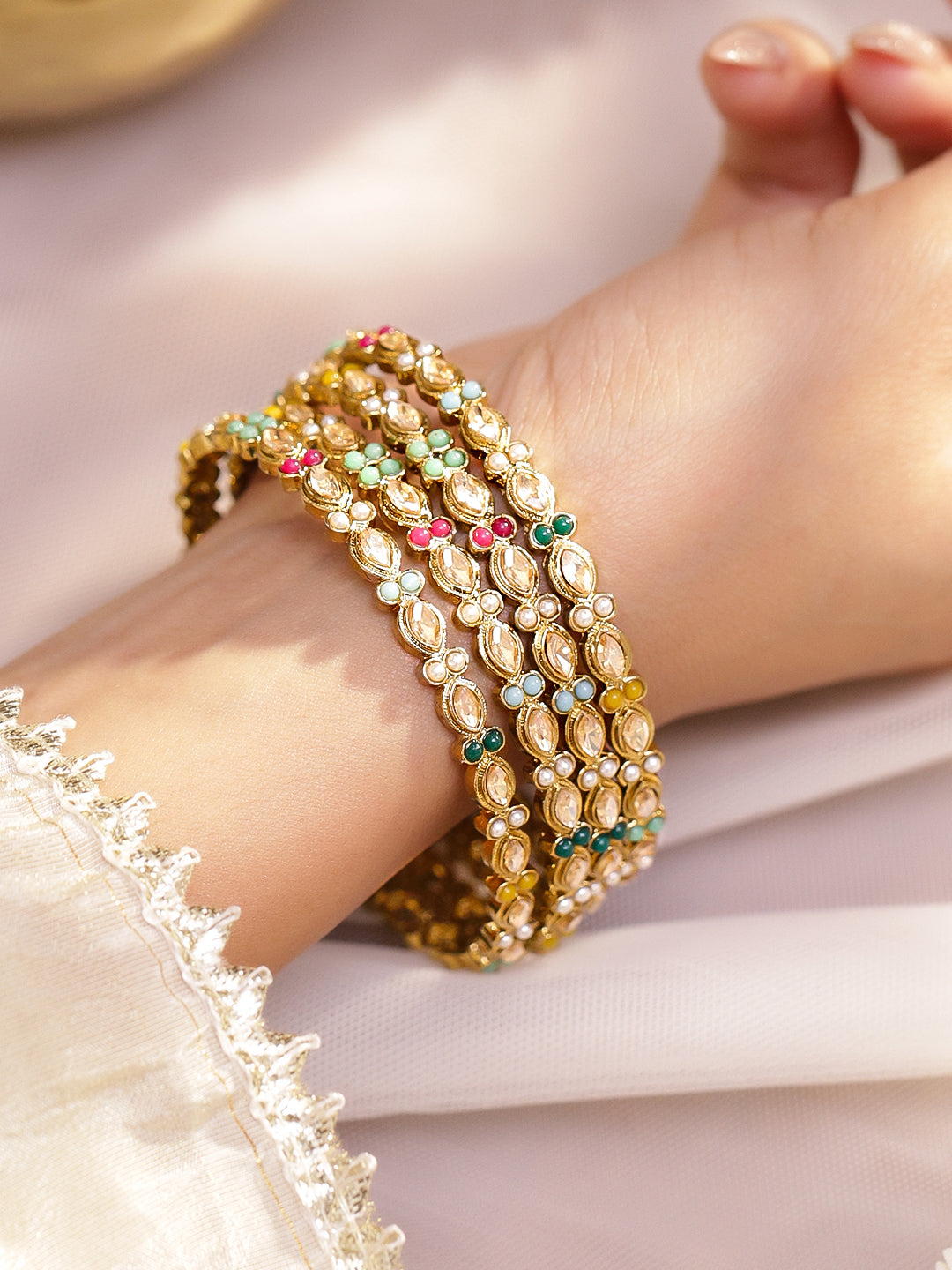 Gold Toned Multicolor Kundan Bangles Set Of 4 2.4 - Small