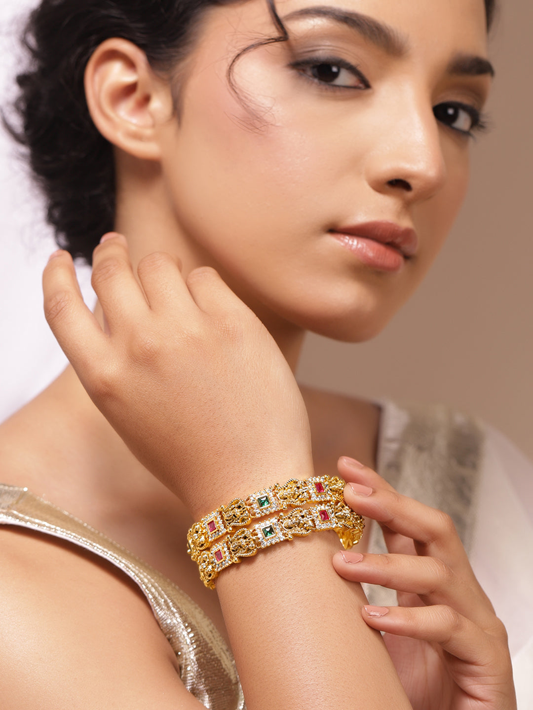 Green & Red Temple Bangles Set Of 2 2.10 - Extra Large
