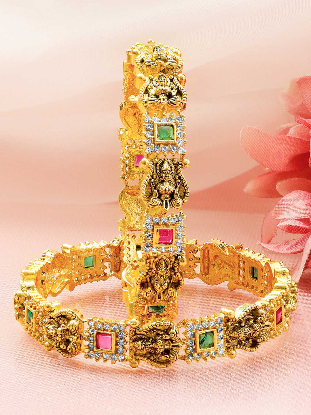 Green & Red Temple Bangles Set Of 2 2.8 - Large
