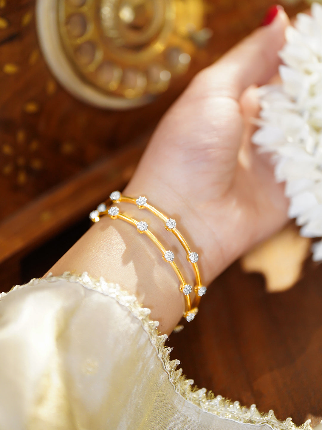 Golden Bangles With Kundan & Crystal Work 2.4 - Small
