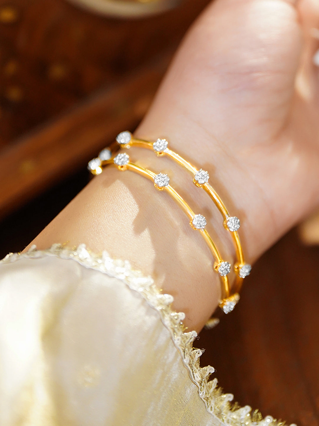 Golden Bangles With Kundan & Crystal Work 2.4 - Small