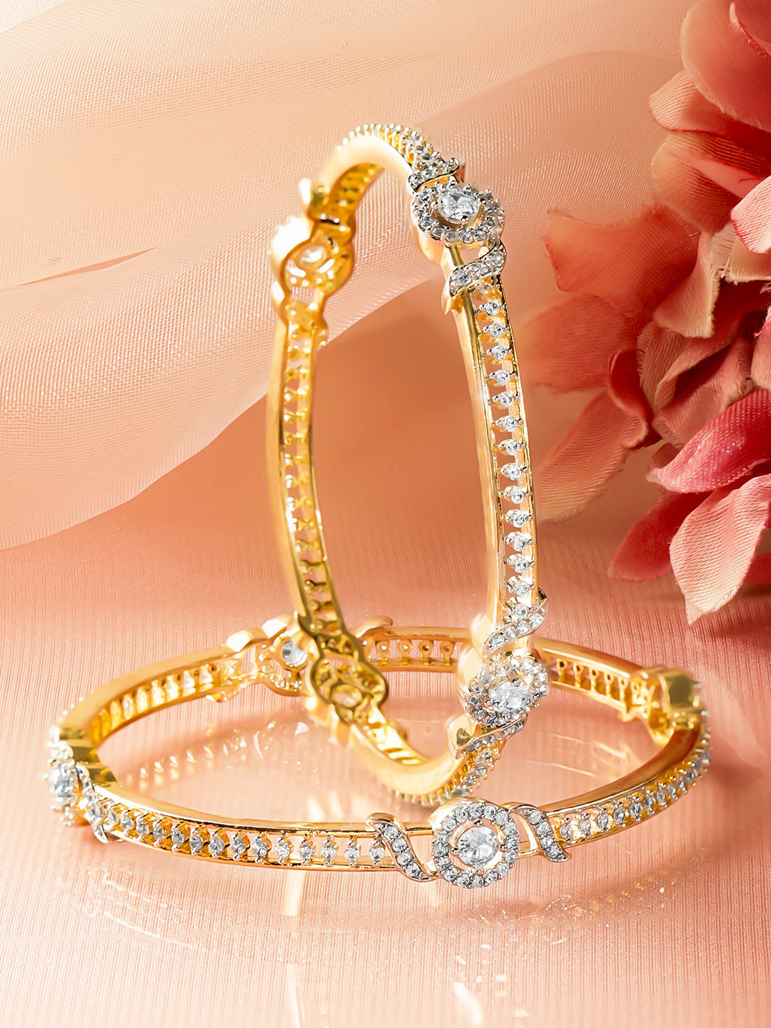 Statement Cubic Zirconia Solitaire Gold Bangles フリーサイズ