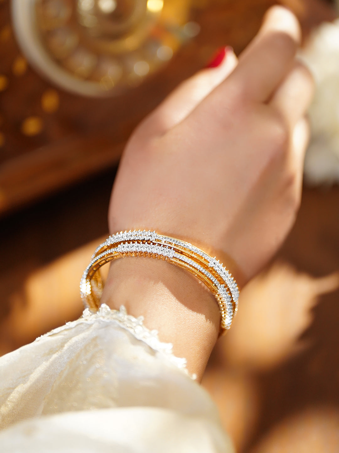 American Diamond Zirconia Gold Bangles Set Of 2 2.6 - Medium