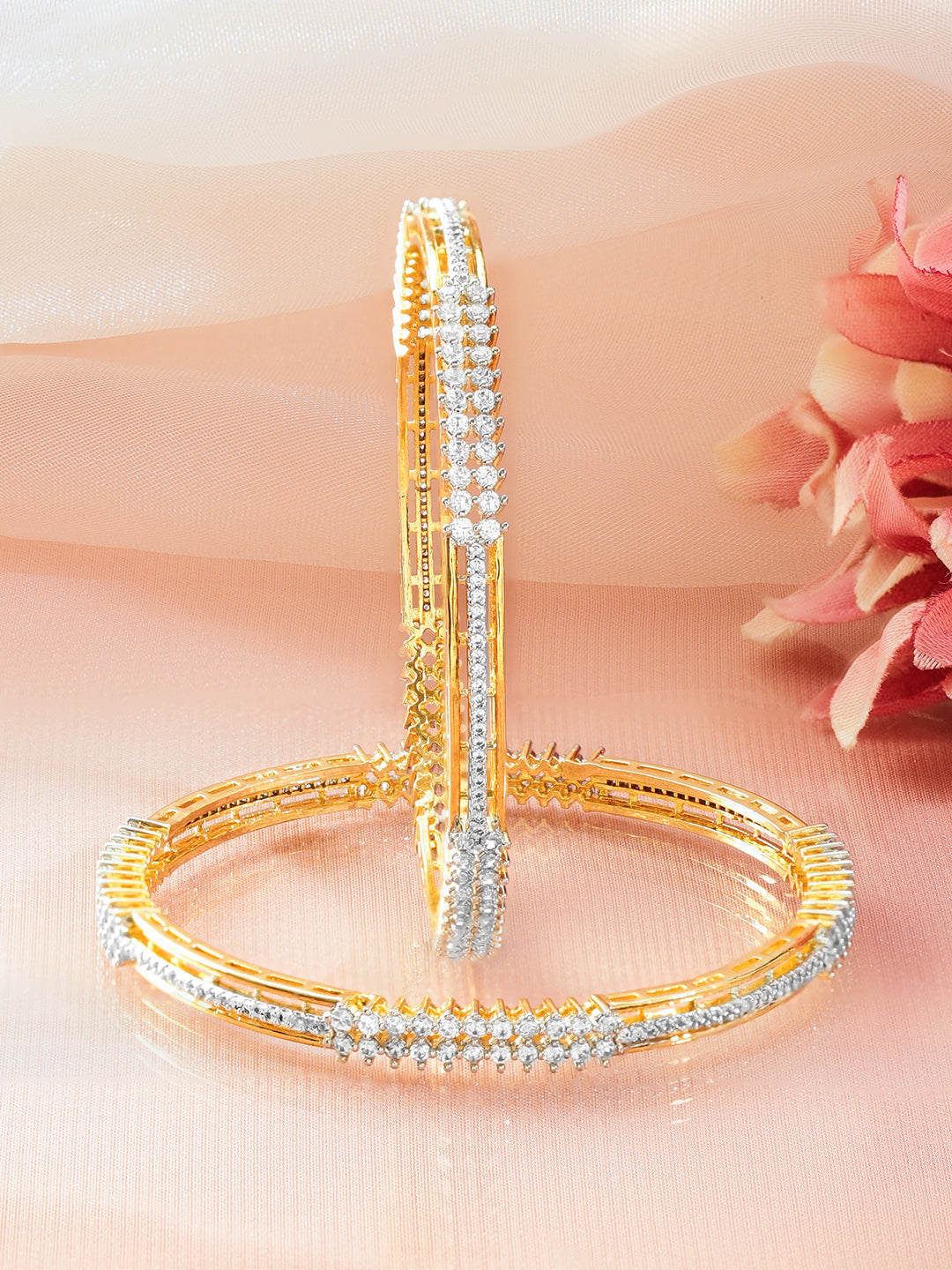 American Diamond Zirconia Gold Bangles Set Of 2 2.4 - Small