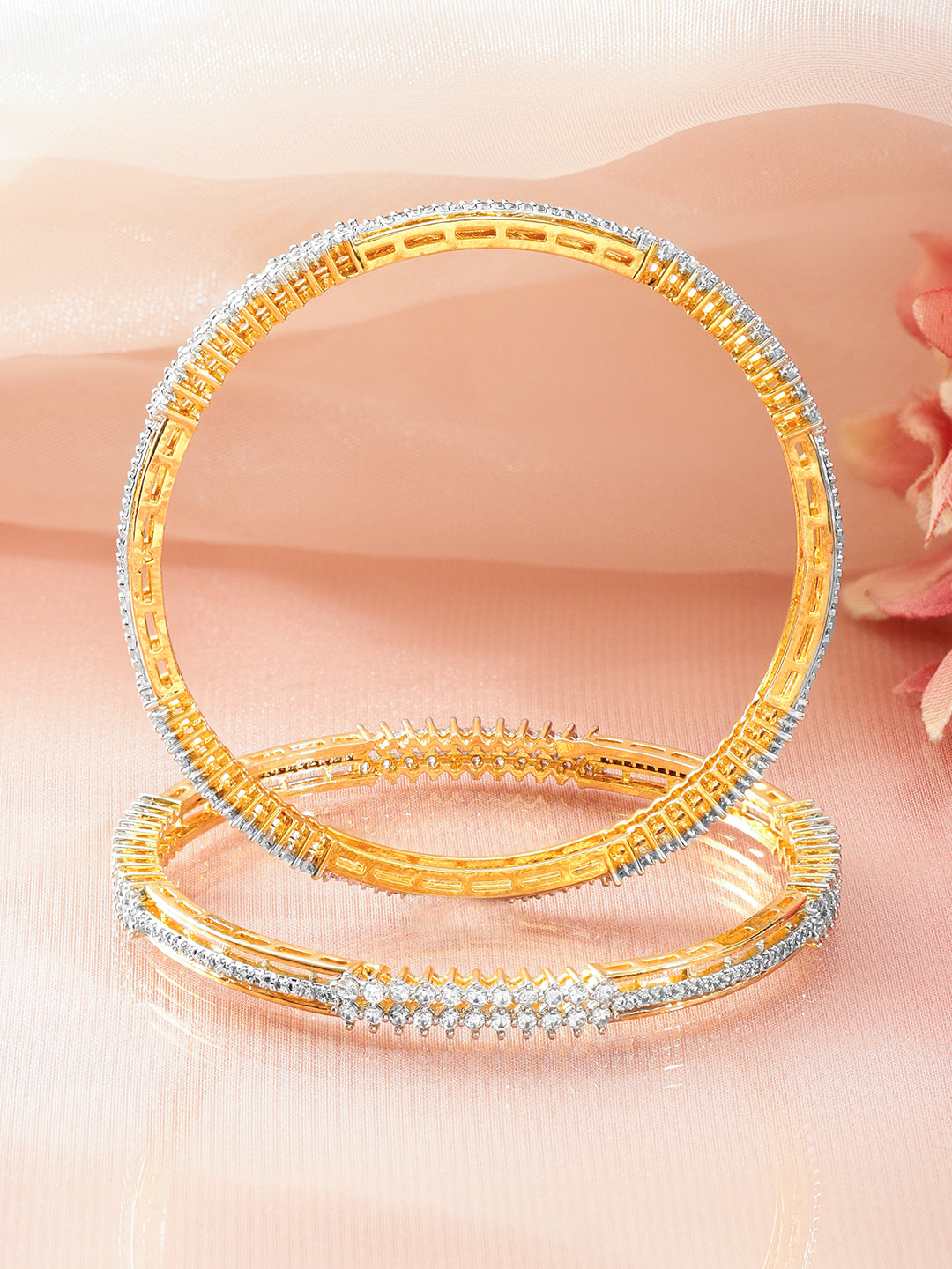 American Diamond Zirconia Gold Bangles Set Of 2 2.8 - Large