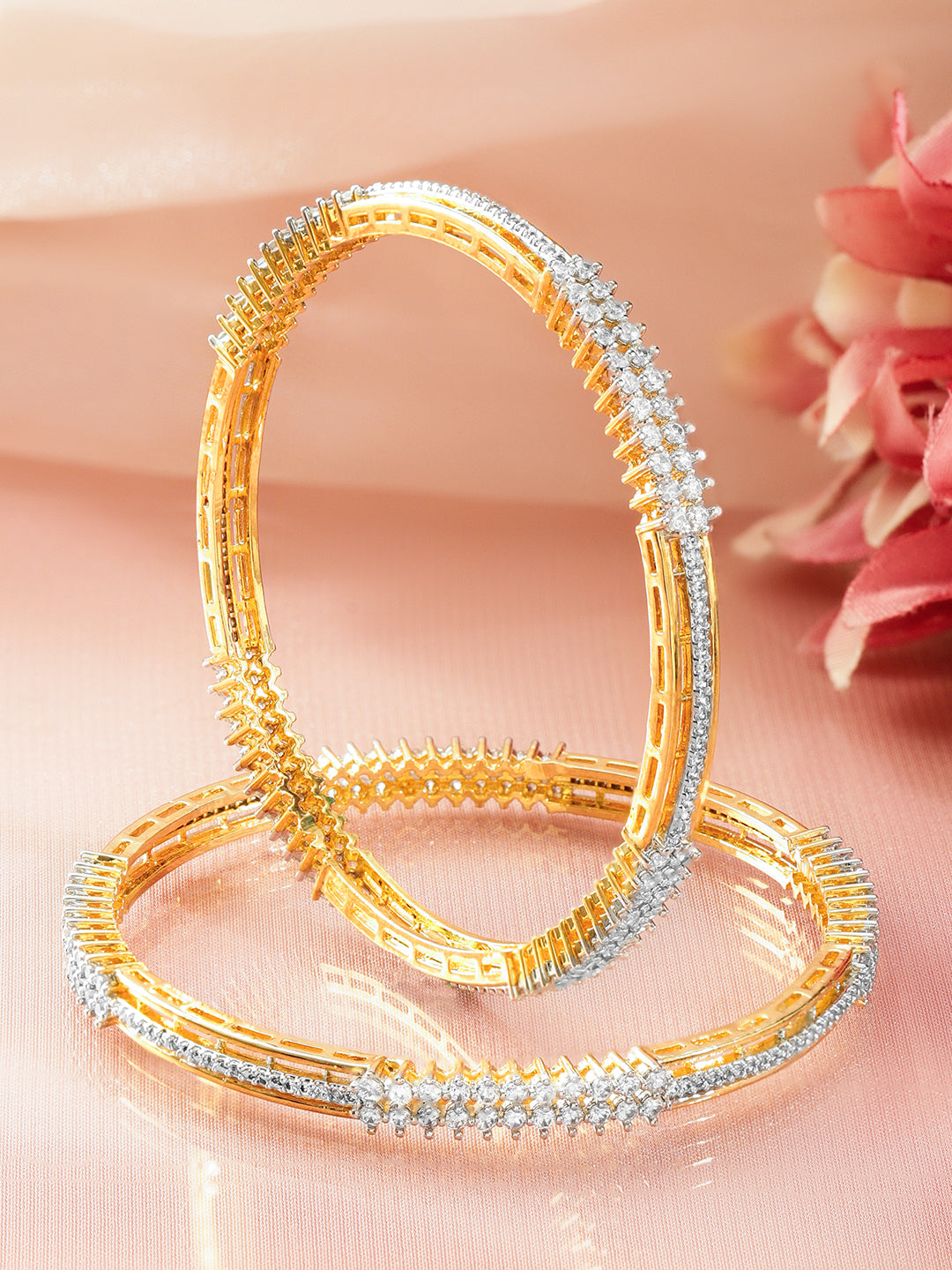 American Diamond Zirconia Gold Bangles Set Of 2 2.6 - Medium