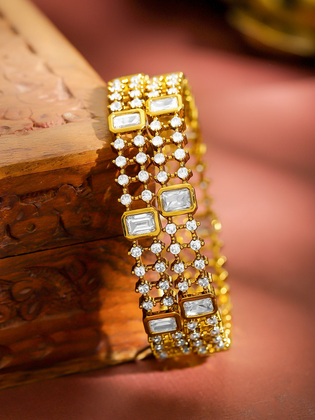American Diamond Zirconia Studded Gold Bangles Set Of 2 2.6 - Medium