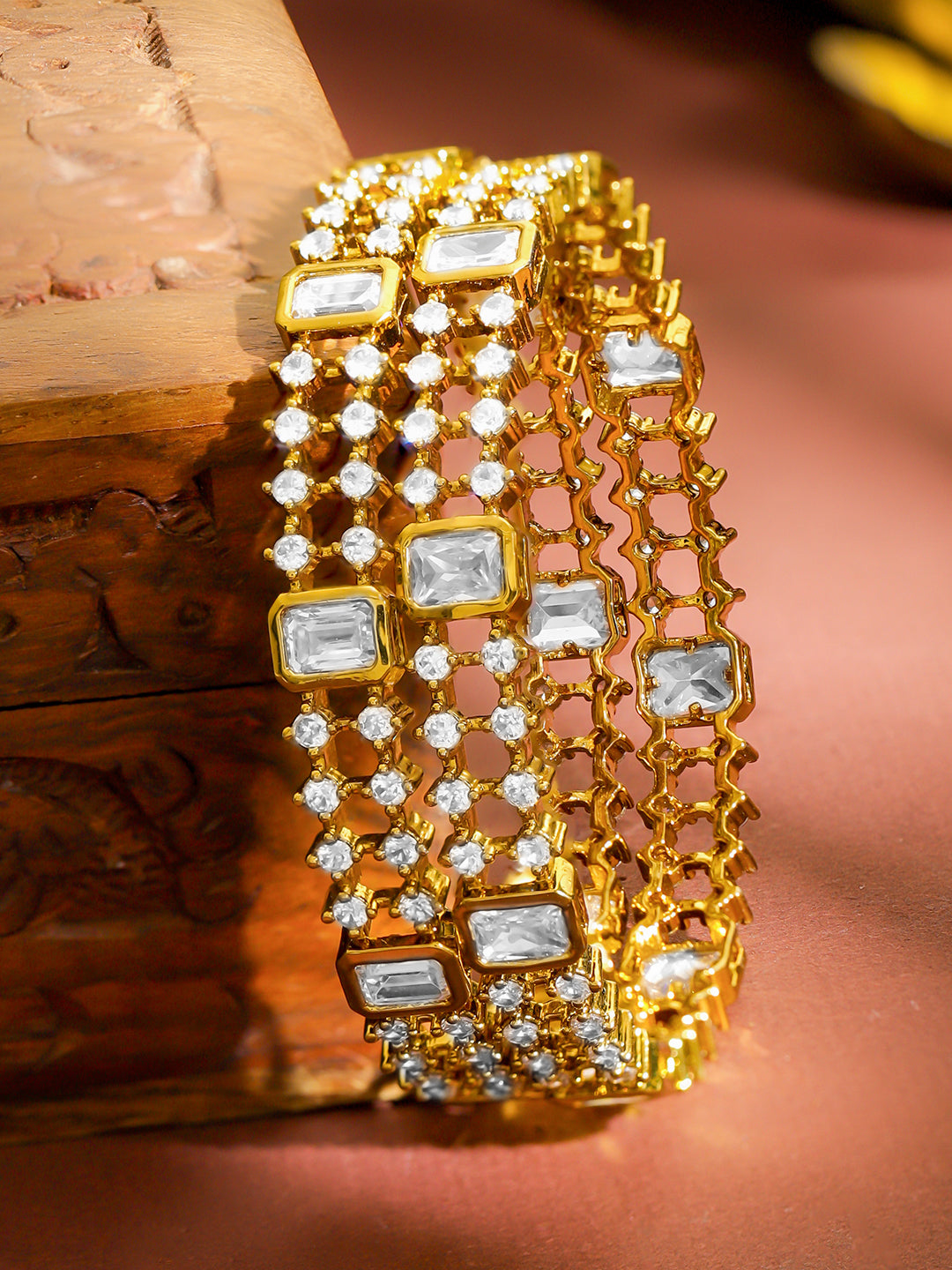 American Diamond Zirconia Studded Gold Bangles Set Of 2 2.4 - Small