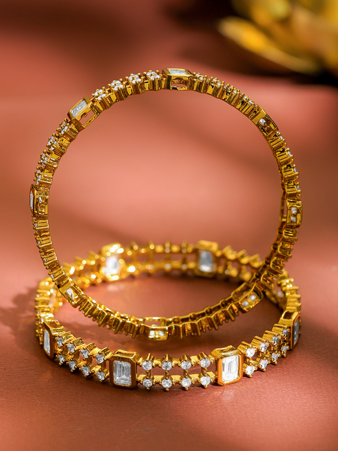 American Diamond Zirconia Studded Gold Bangles Set Of 2 2.4 - Small