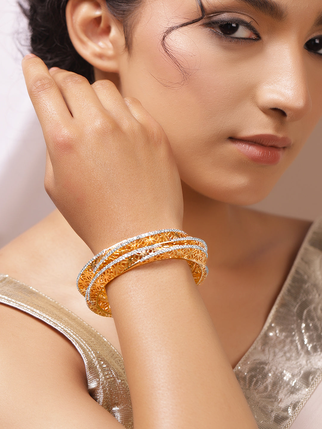 American Diamond Zirconia Golden Bangles Set Of 2 2.4 - Small