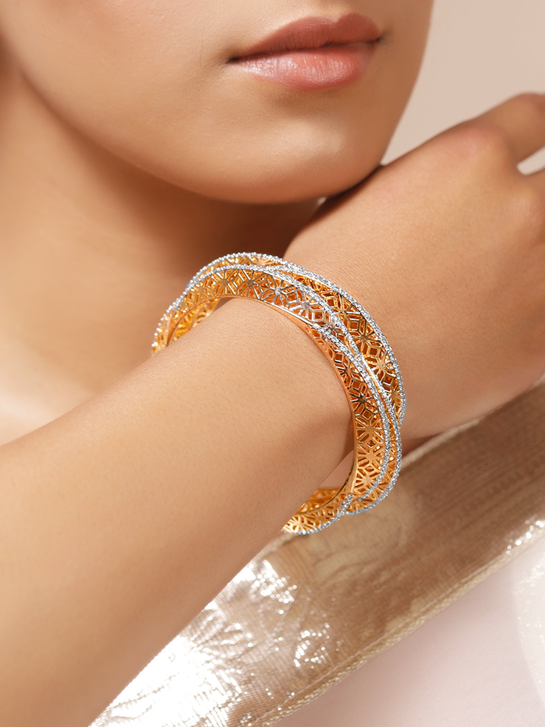 American Diamond Zirconia Golden Bangles Set Of 2 2.6 - Medium