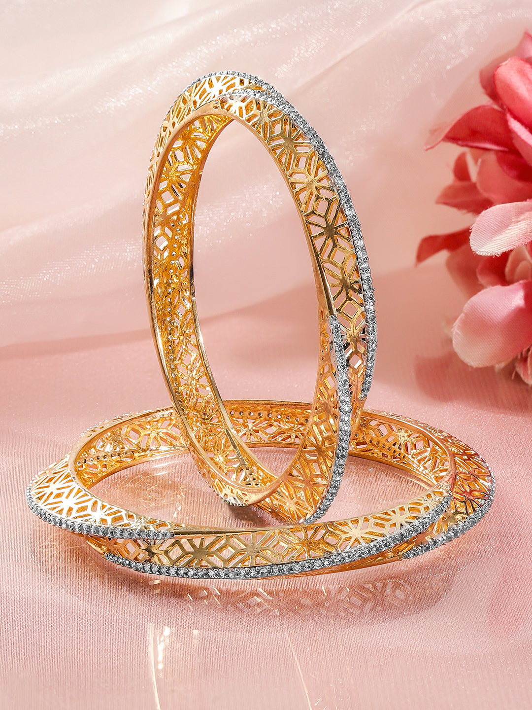 American Diamond Zirconia Golden Bangles Set Of 2 2.4 - Small