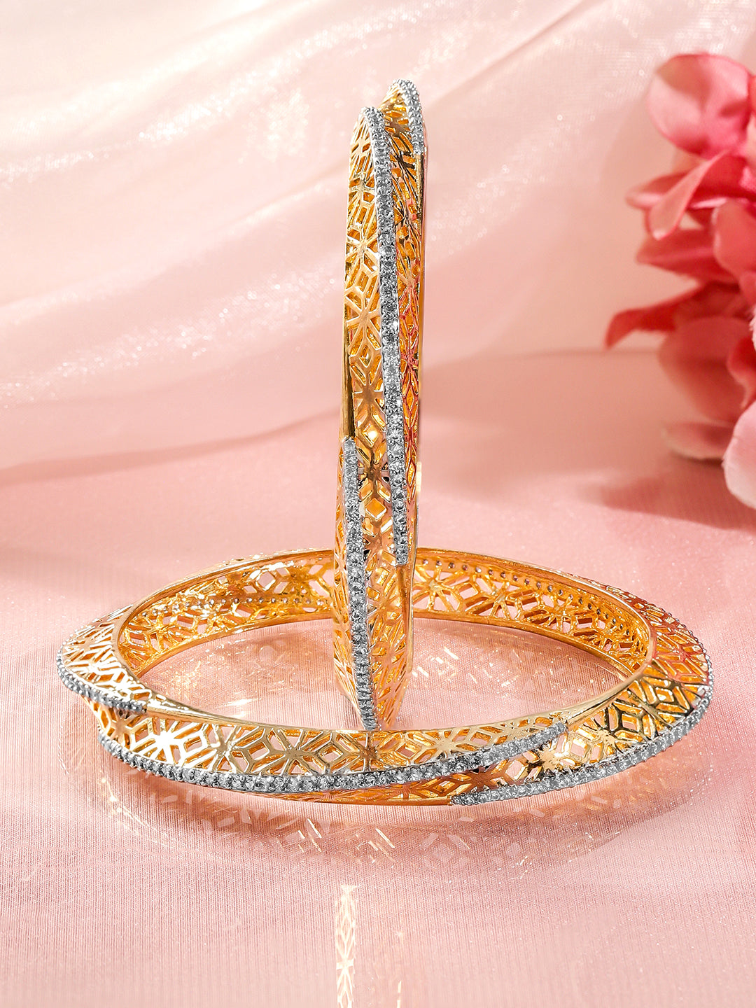 American Diamond Zirconia Golden Bangles Set Of 2 2.4 - Small