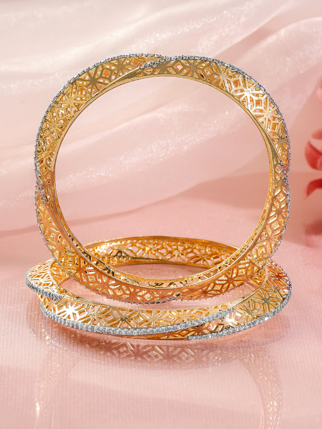 American Diamond Zirconia Golden Bangles Set Of 2 2.4 - Small