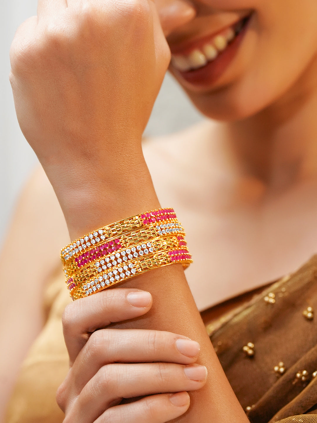 Pink & White Elegance Golden Bangles Set of 4 2.10 - Extra Large