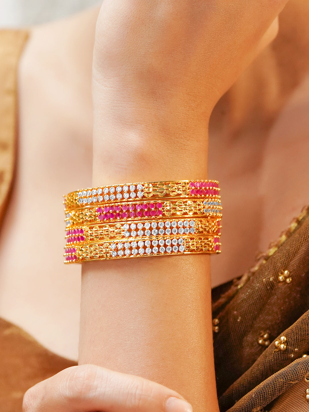 Pink & White Elegance Golden Bangles Set of 4 2.6 - Medium