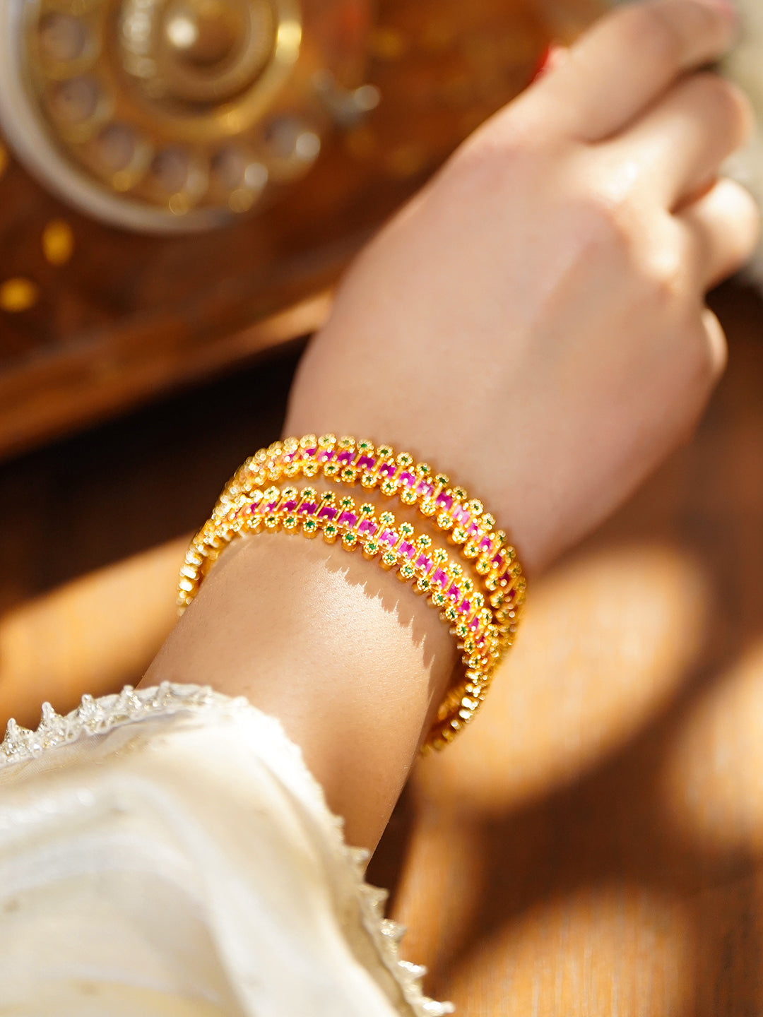 Pink & Green Hues Golden Bangles Set Of 2 2.4 - Small