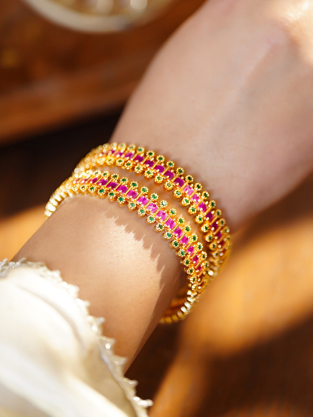 Pink & Green Hues Golden Bangles Set Of 2 2.4 - Small