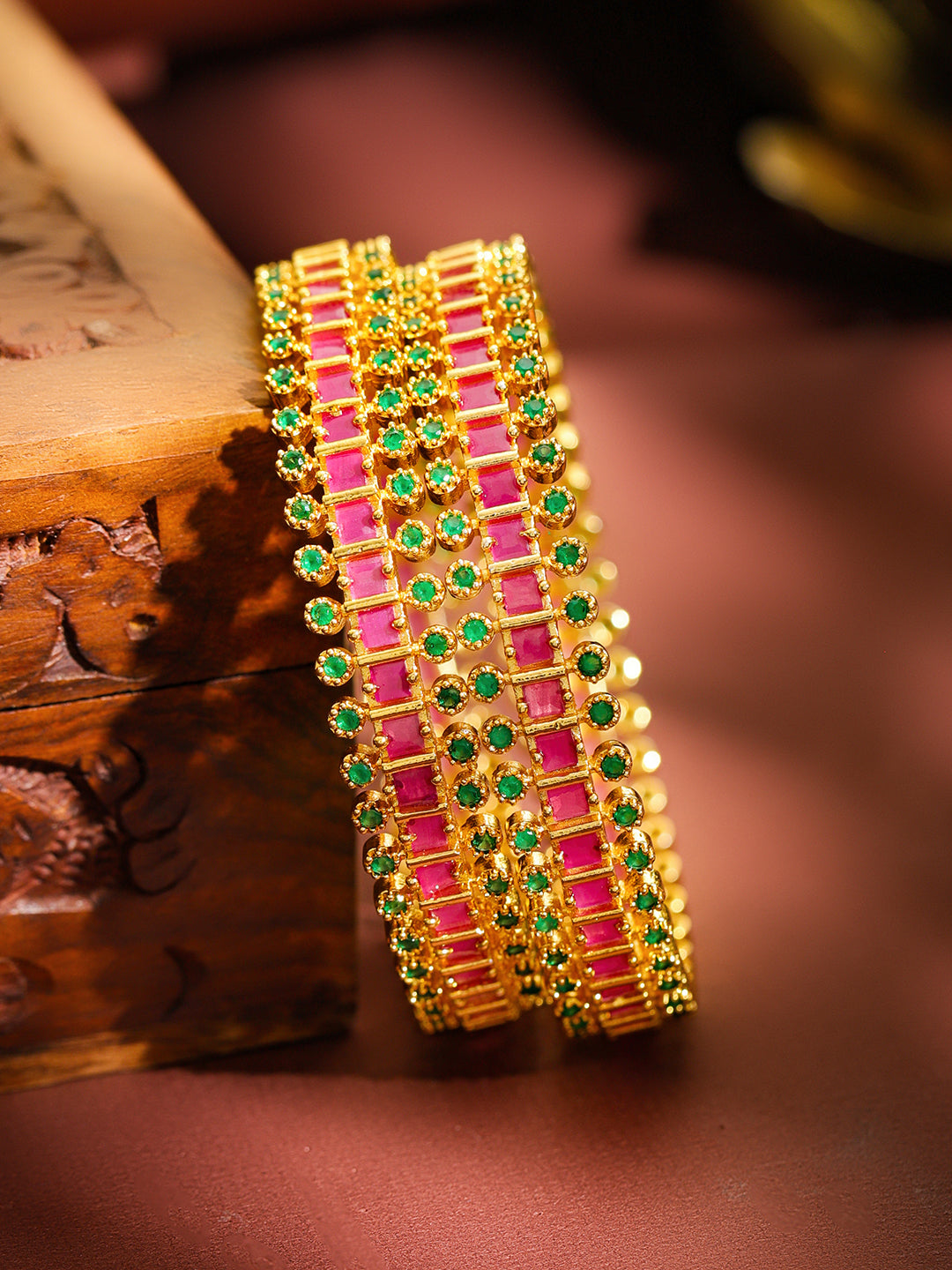 Pink & Green Hues Golden Bangles Set Of 2 2.6 - Medium