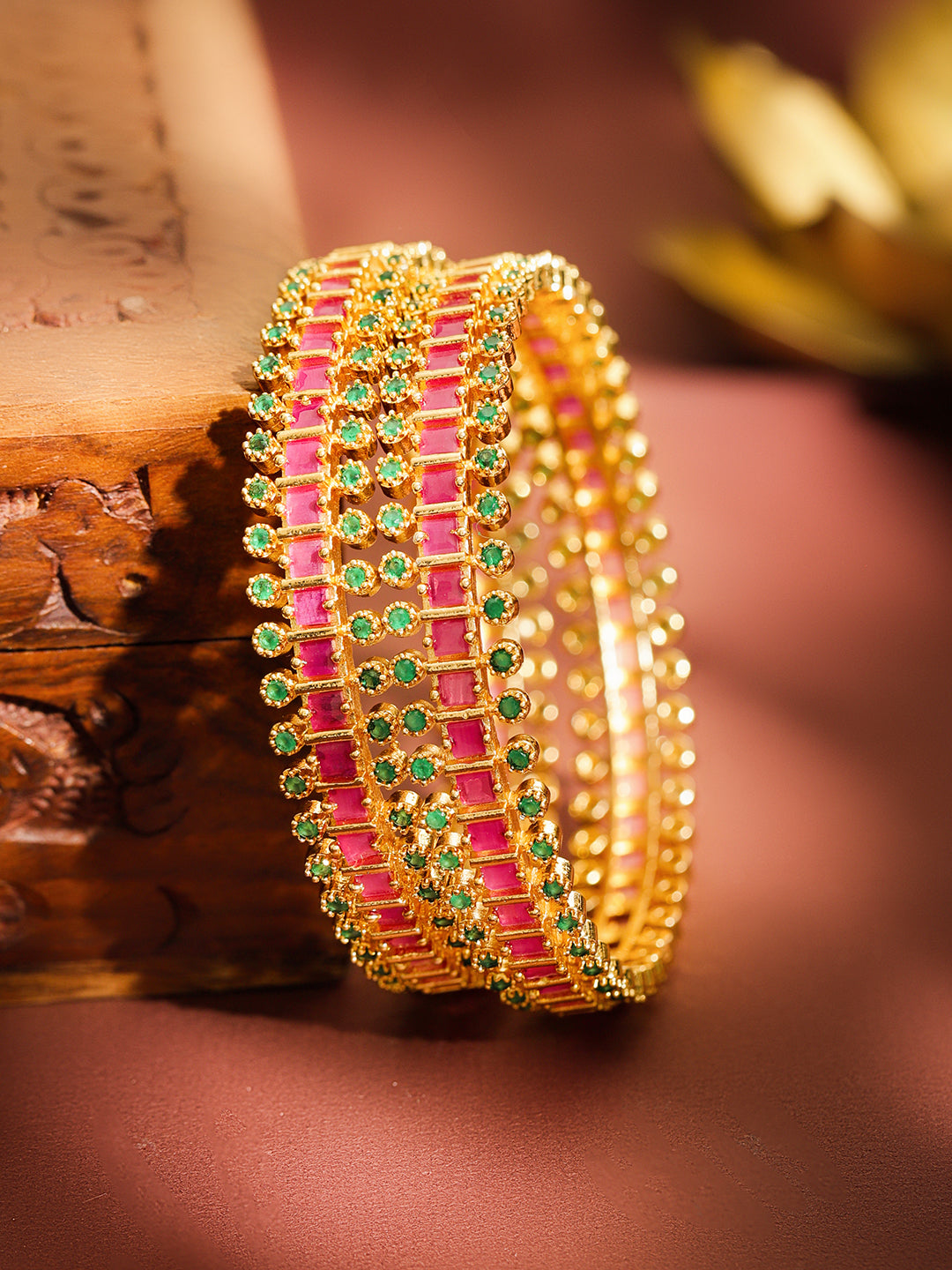 Pink & Green Hues Golden Bangles Set Of 2 2.6 - Medium
