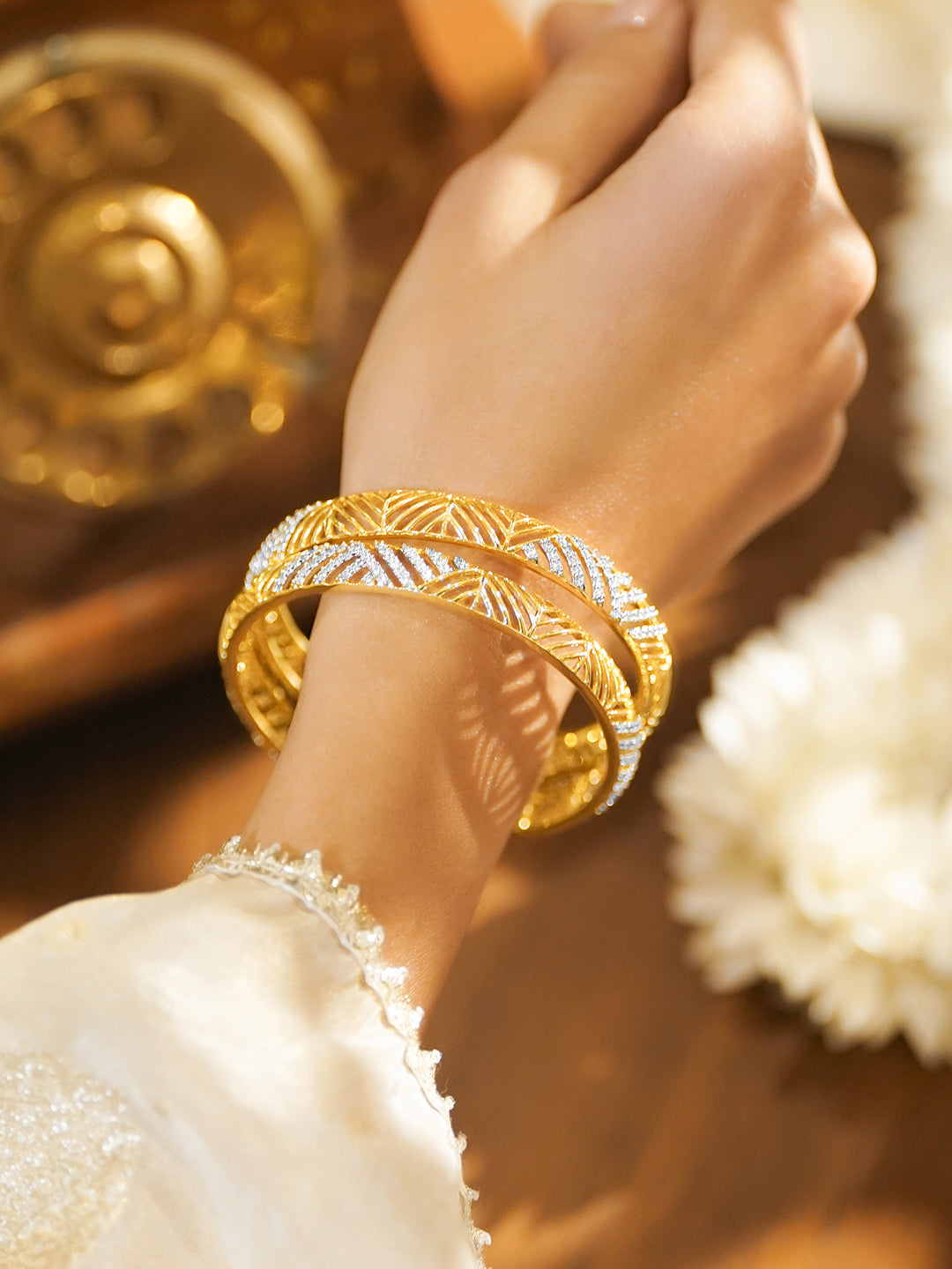 American Diamond Zirconia Gold Bangles Set Of 2 2.8 - Large