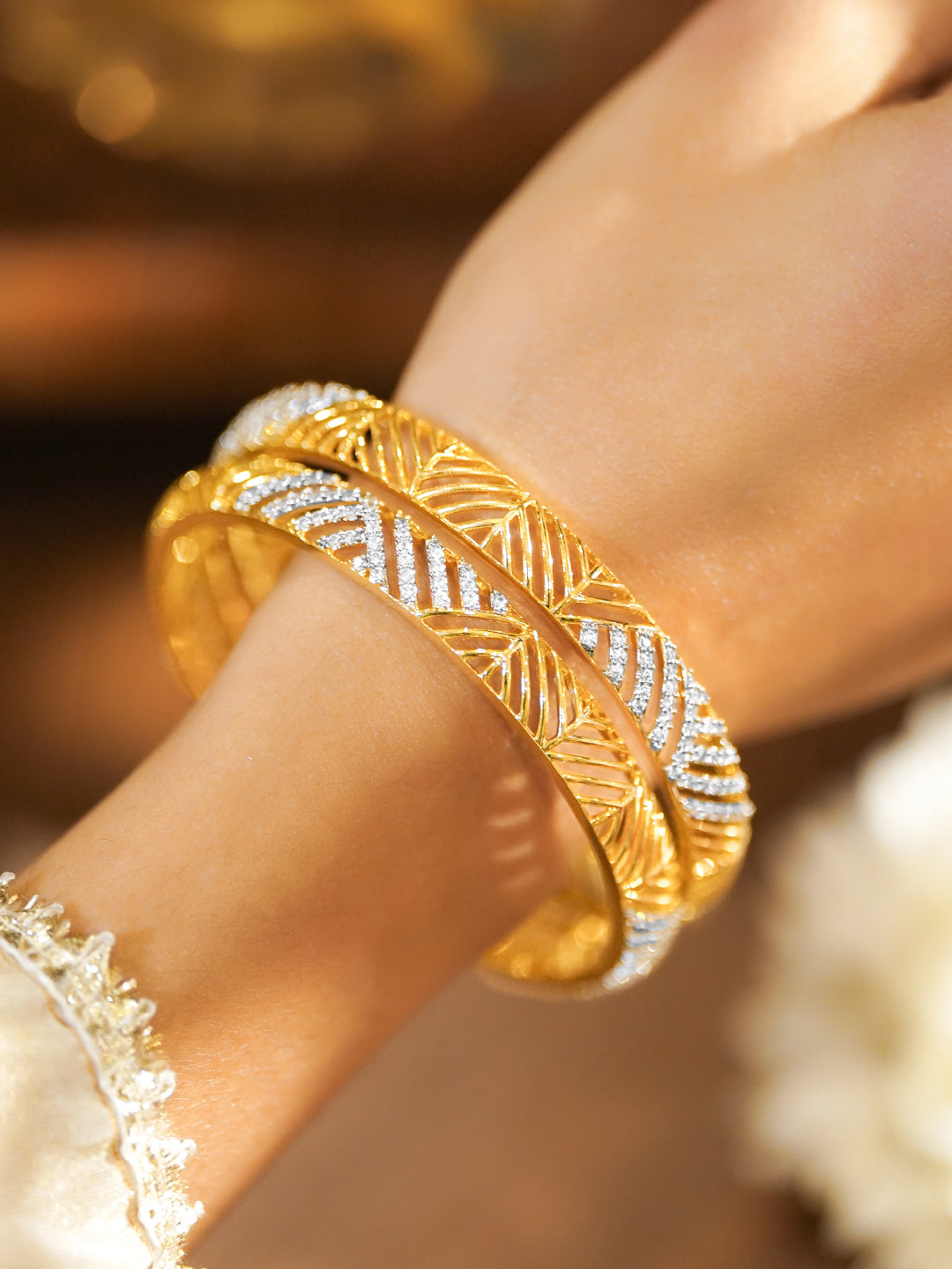 American Diamond Zirconia Gold Bangles Set Of 2 2.4 - Small