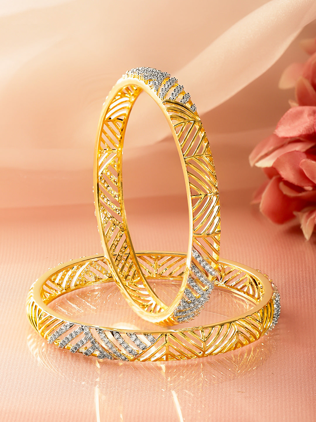 American Diamond Zirconia Gold Bangles Set Of 2 2.4 - Small