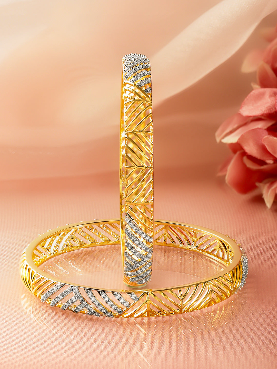 American Diamond Zirconia Gold Bangles Set Of 2 2.4 - Small