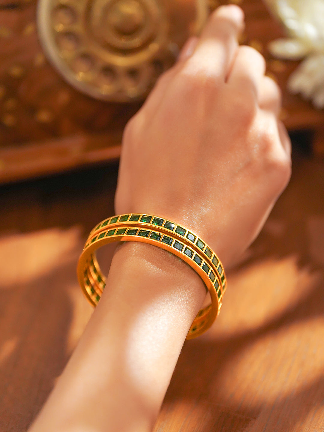 Gold Toned Green Bangles Set Of 2 2.10 - Extra Large