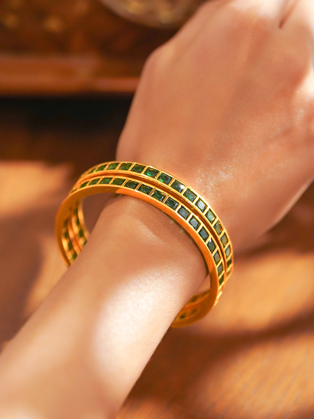 Gold Toned Green Bangles Set Of 2 2.10 - Extra Large