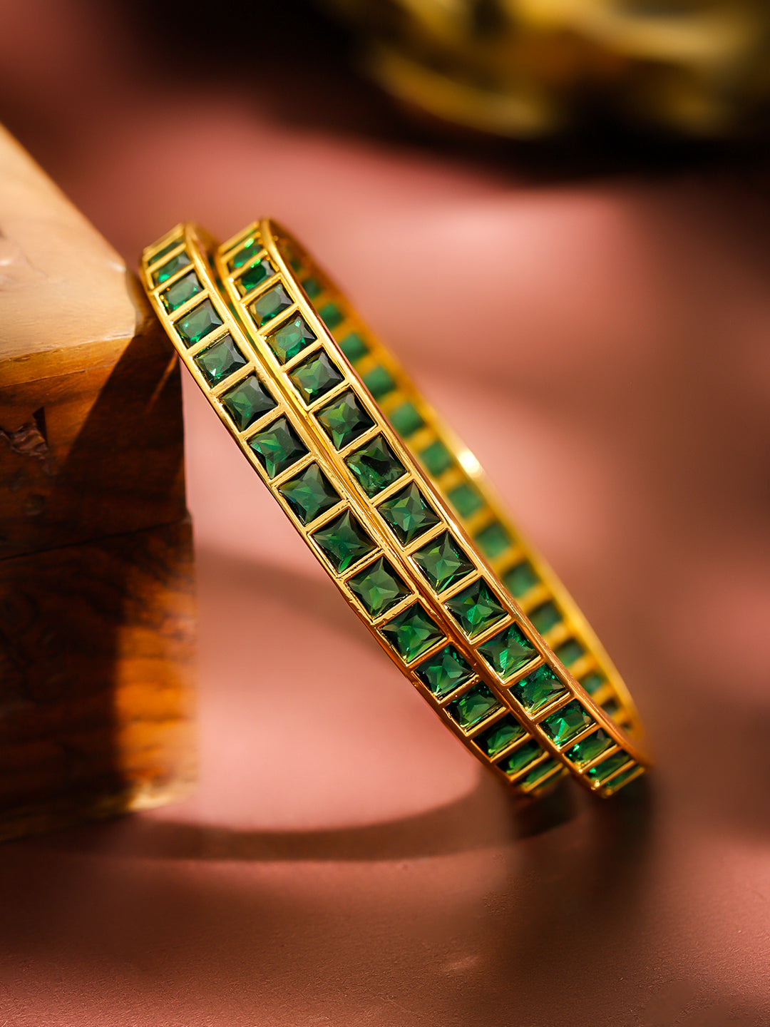 Gold Toned Green Bangles Set Of 2 2.10 - Extra Large