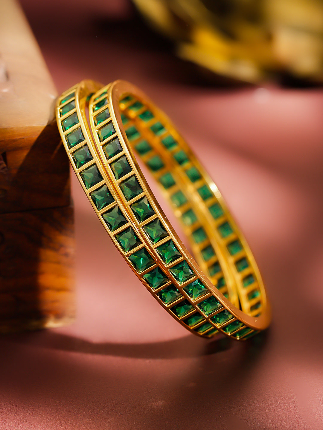 Gold Toned Green Bangles Set Of 2 2.10 - Extra Large