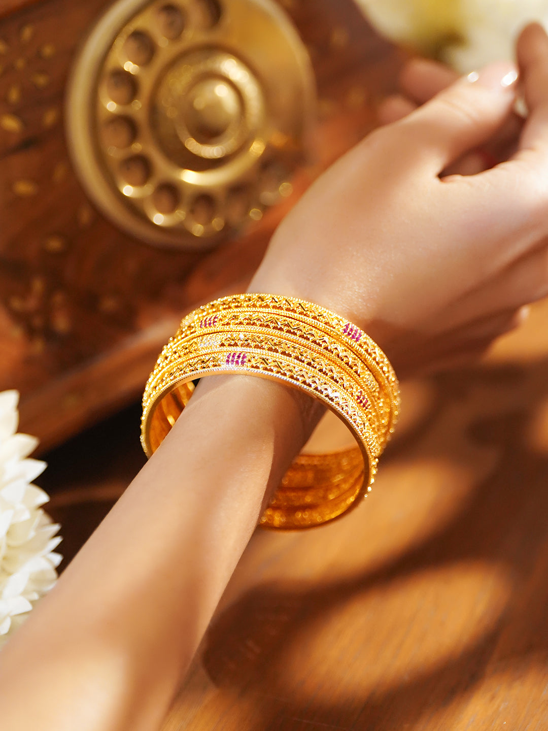 White Studded Gold Toned Bangles Set Of 4 2.4 - Small