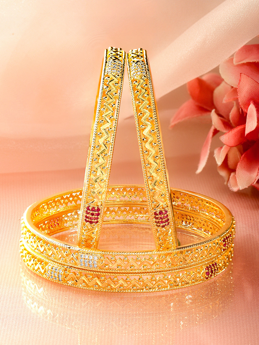 White Studded Gold Toned Bangles Set Of 4 2.6 - Medium