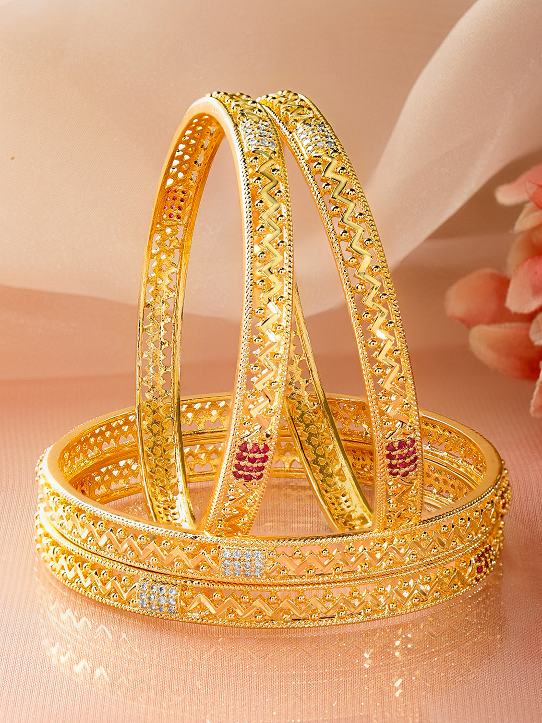 White Studded Gold Toned Bangles Set Of 4 2.10 - Extra Large