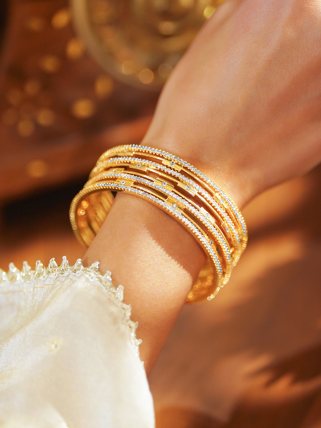 American Diamond Zirconia Studded Gold Bangles Set Of 4 2.6 - Medium