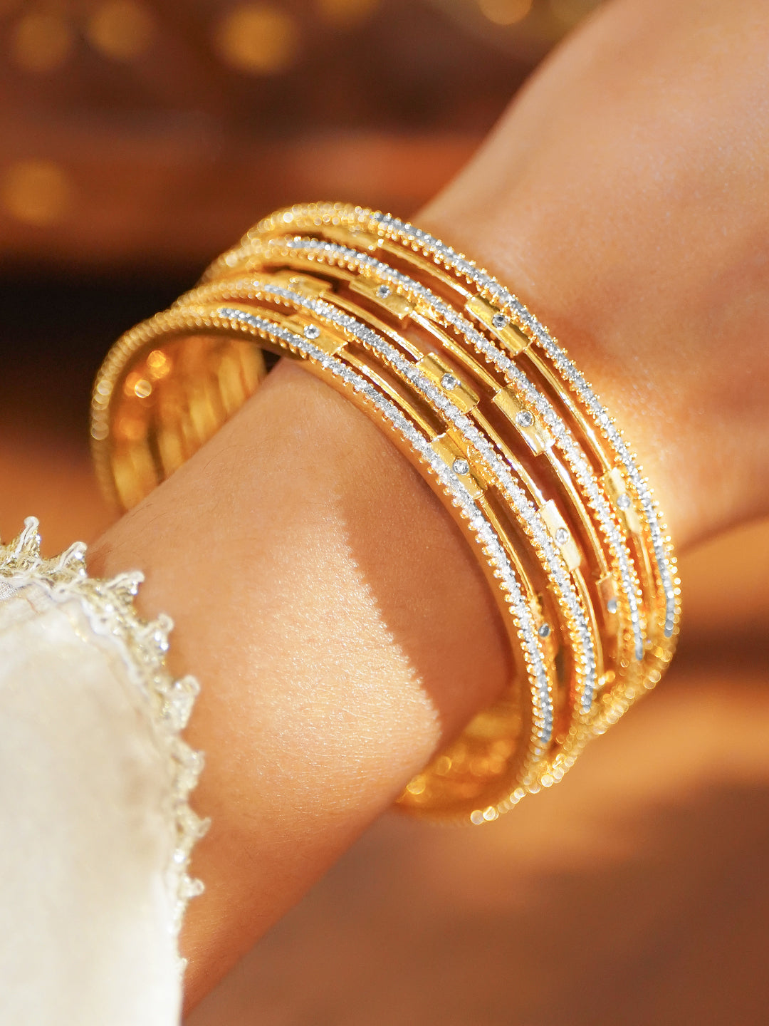 American Diamond Zirconia Studded Gold Bangles Set Of 4 2.8 - Large