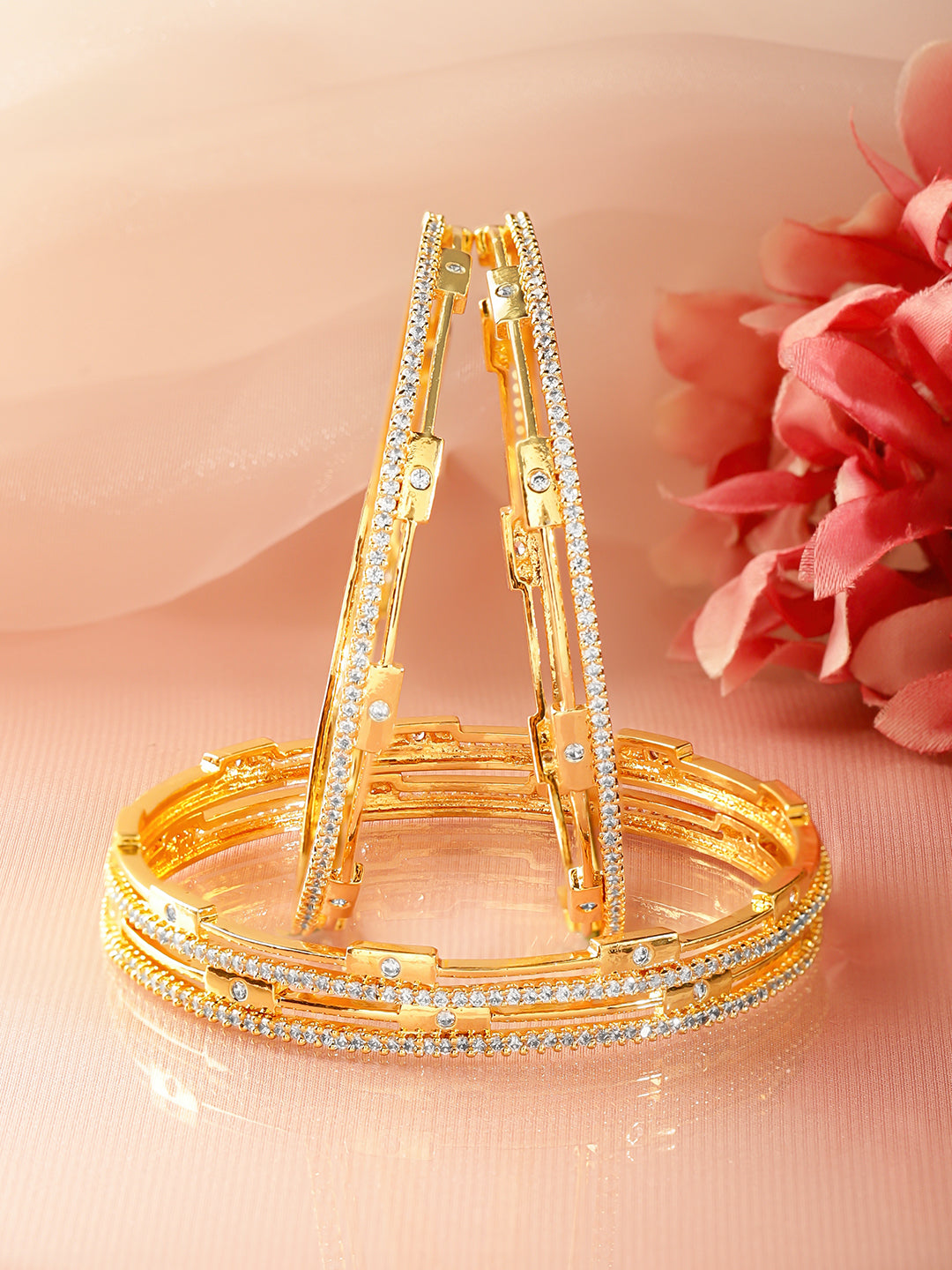 American Diamond Zirconia Studded Gold Bangles Set Of 4 2.8 - Large